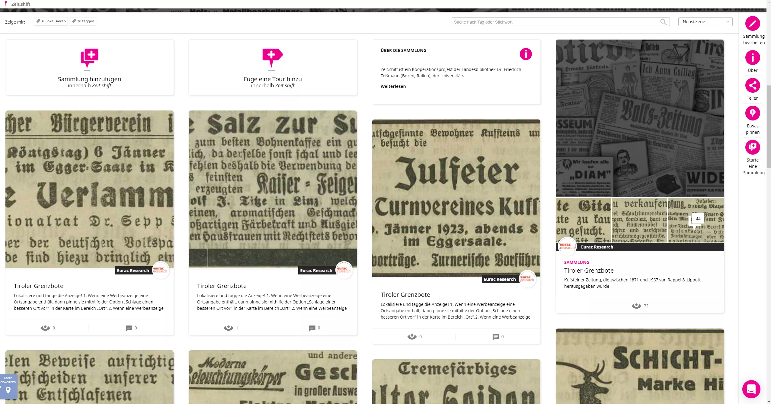 Galerieansicht der Zeit.shift-Sammlung, die eine Informationskarte, Untersammlungen und einzelne Anzeigen auflistet