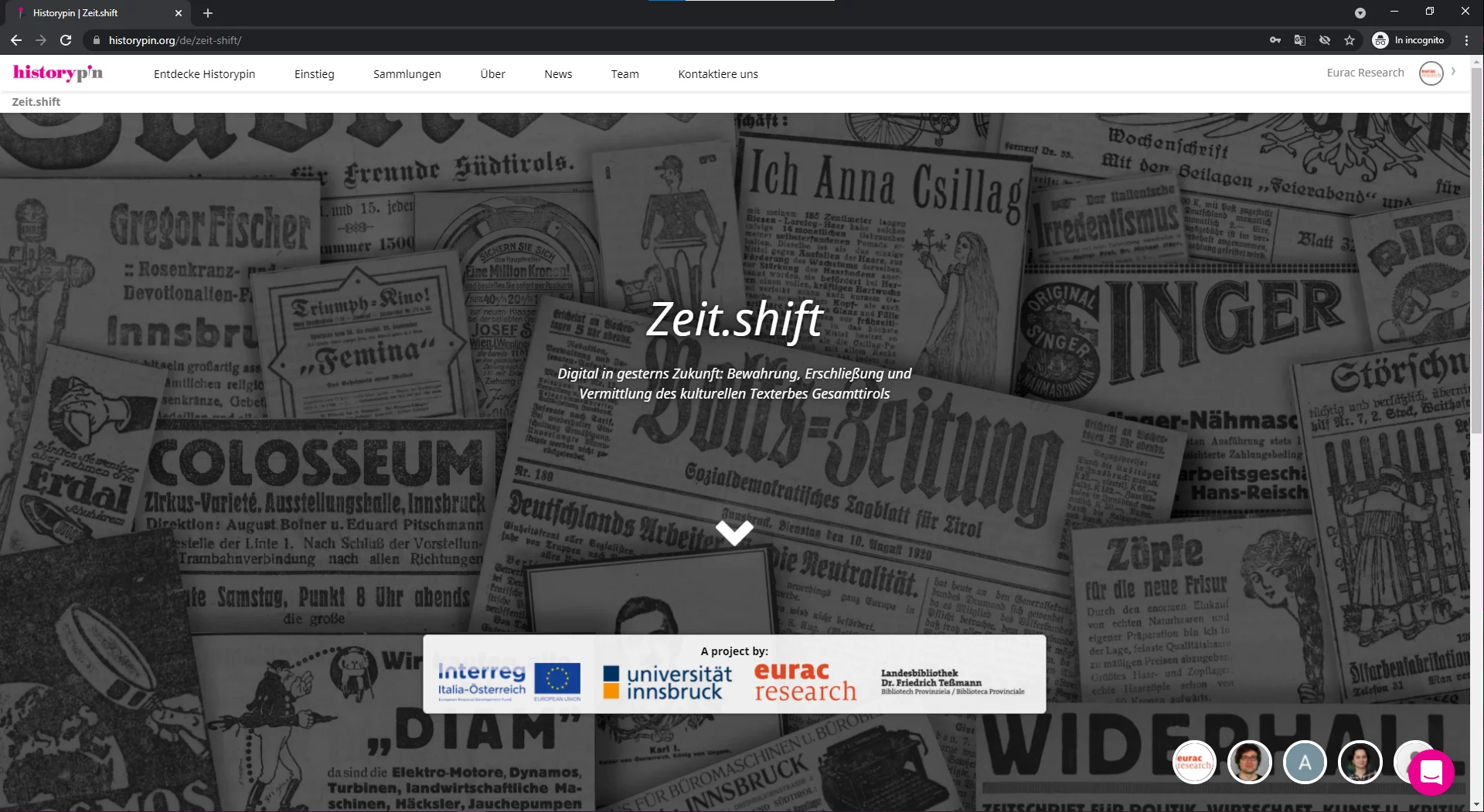 Landing page der Zeit.shift-Sammlung auf Historypin.